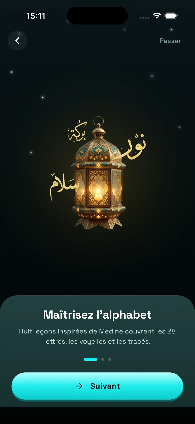 The first welcome screen: a lit lantern, the title “Master the alphabet” in French.